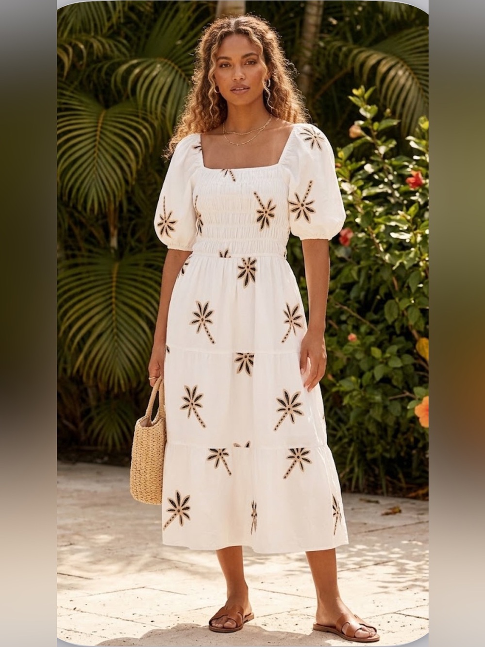Ana & Rose Romantic Boho Palm Embroidered Smocked Midi Dress XL Beachy